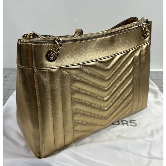 Michael Michael Kors Susan Metallic Medium Shoulder Bag Pale Gold New Chain - Picture 9 of 13
